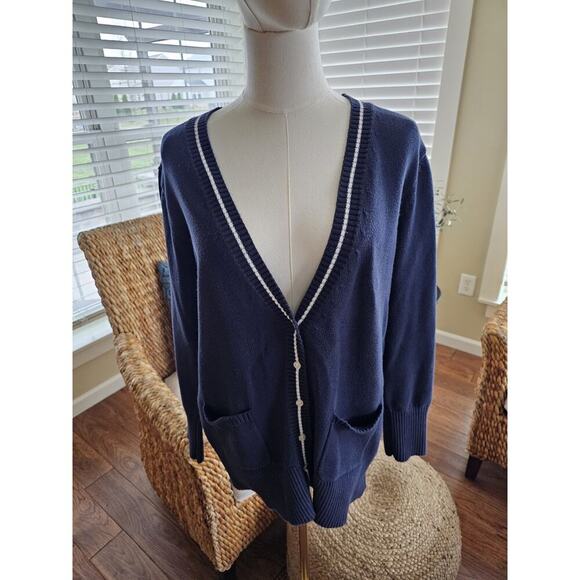 Lands' End Sweaters - Lands' End Varsity Knit Cardigan Sweater Women's Size XL Navy Blue Preppy